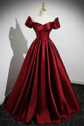 A Line Burgundy Satin Floor Length Prom Dress, Off the Shoulder New Party Dress KPP1790