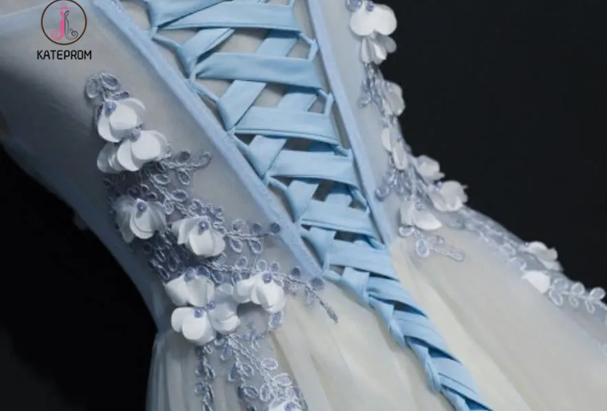 A Line Cap Sleeves Tulle Prom Dress, Floor Length Appliqued Evening Dress with Flowers KPP0551