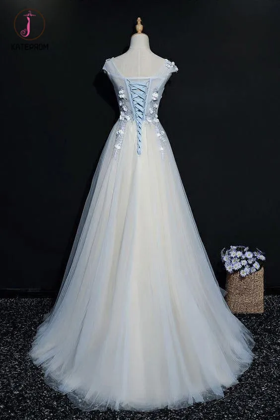 A Line Cap Sleeves Tulle Prom Dress, Floor Length Appliqued Evening Dress with Flowers KPP0551