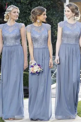 A Line Cheap Lace Top Cap Sleeve Jewel Floor Length Formal Bridesmaid Dresses KPB0064