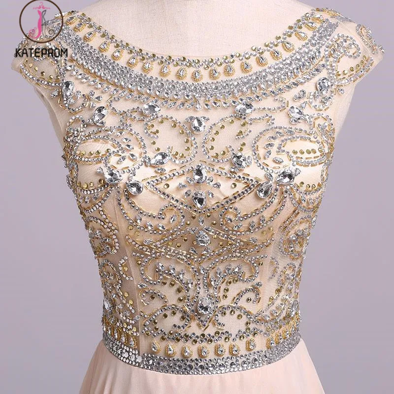 A Line Floor Length Scoop Chiffon Prom Dress, Beading Long Evening Dresses KPP0572