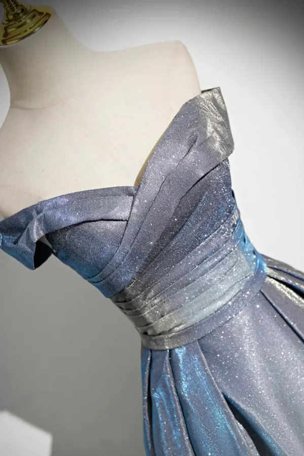 A Line Gradient Blue Floor Length Prom Dress, Off the Shoulder Evening Party Dress KPP2005
