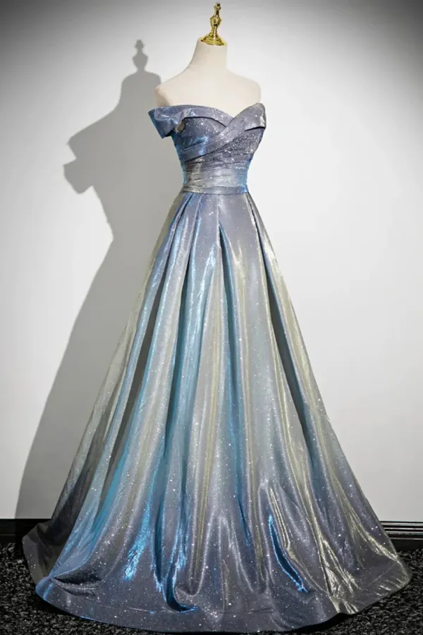A Line Gradient Blue Floor Length Prom Dress, Off the Shoulder Evening Party Dress KPP2005