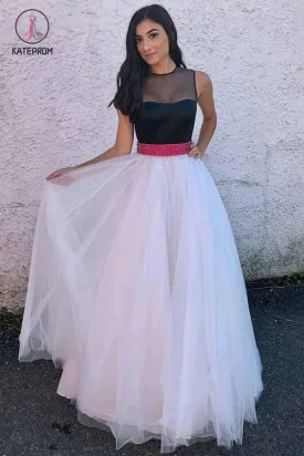 A Line Ivory Tulle Prom Dress with Black Top, Floor Length Formal Dress with Beading Waist KPP0526