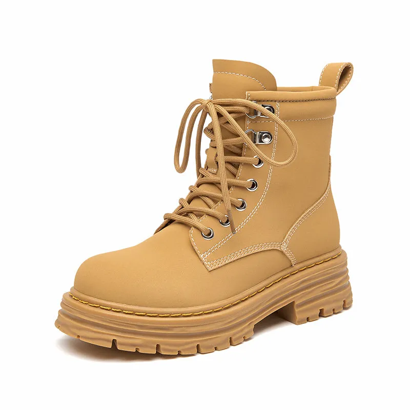 BeauToday Women's Leather Combat Lace-Up Chunky Heel Waterproof Boots