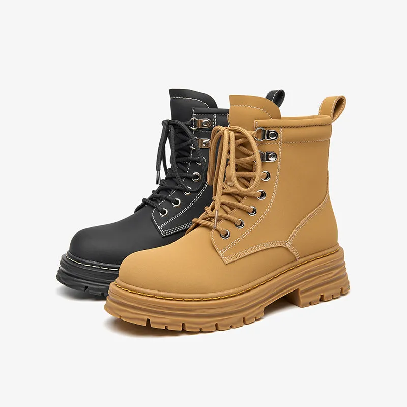 BeauToday Women's Leather Combat Lace-Up Chunky Heel Waterproof Boots