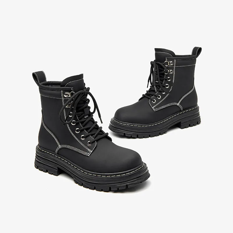 BeauToday Women's Leather Combat Lace-Up Chunky Heel Waterproof Boots