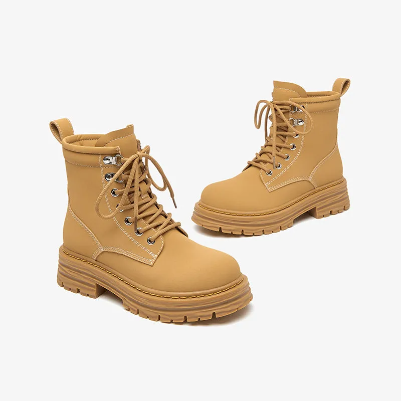 BeauToday Women's Leather Combat Lace-Up Chunky Heel Waterproof Boots
