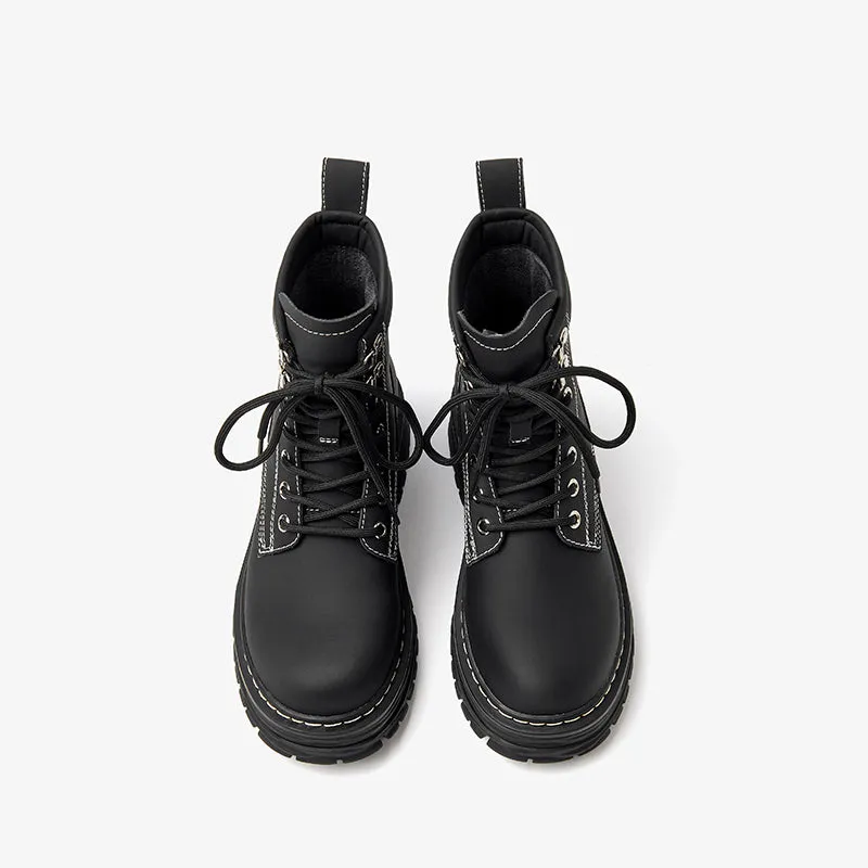 BeauToday Women's Leather Combat Lace-Up Chunky Heel Waterproof Boots
