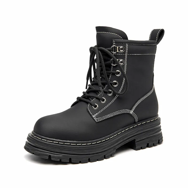 BeauToday Women's Leather Combat Lace-Up Chunky Heel Waterproof Boots