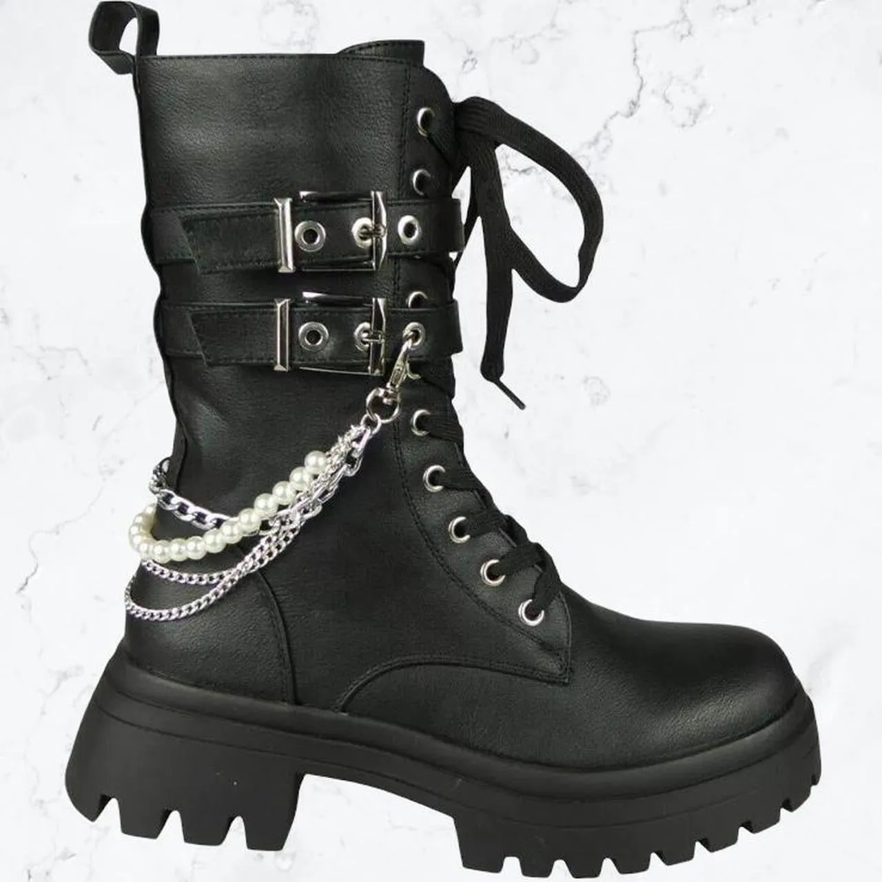 Black Faux Leather Pearl Chain Combat Boots