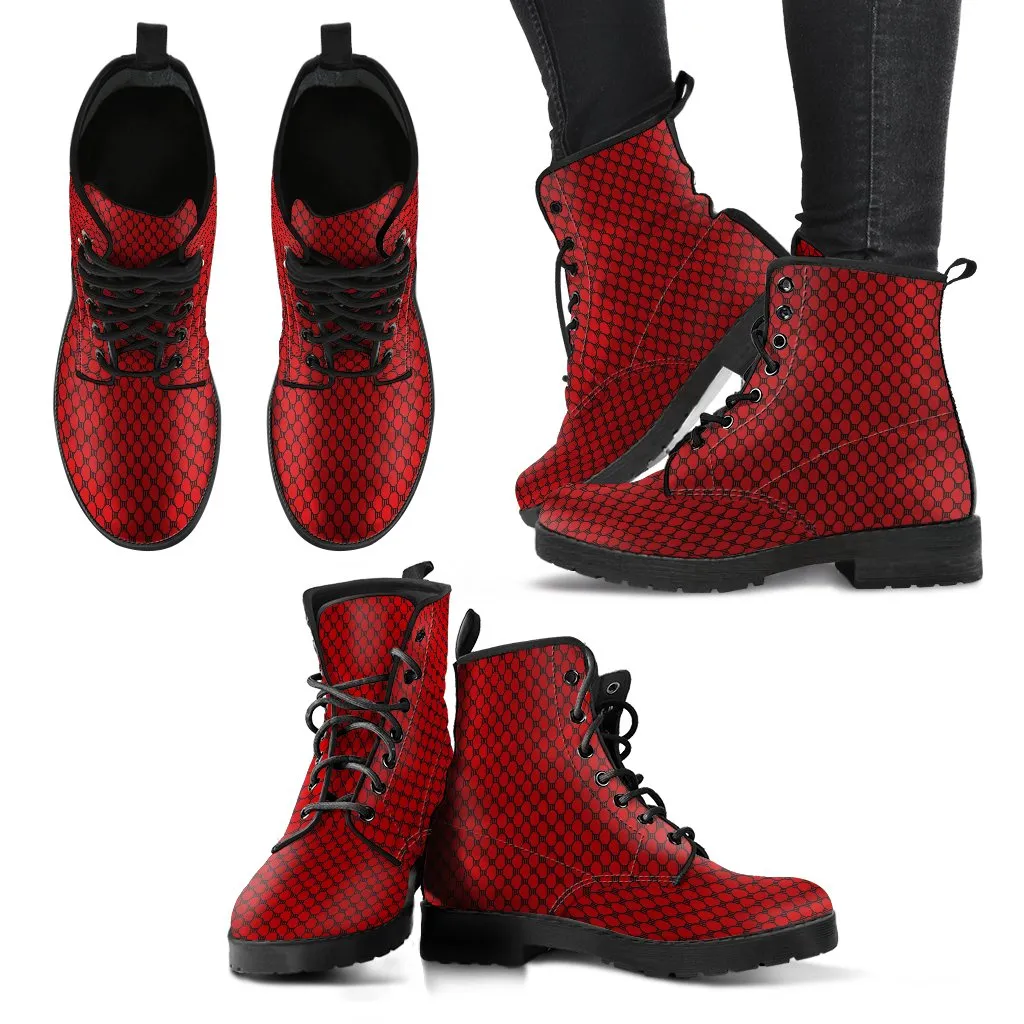 Combat Boots-Gothic Lace Print 117 Red