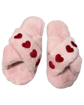 Heart Plush Cross Slippers Pink