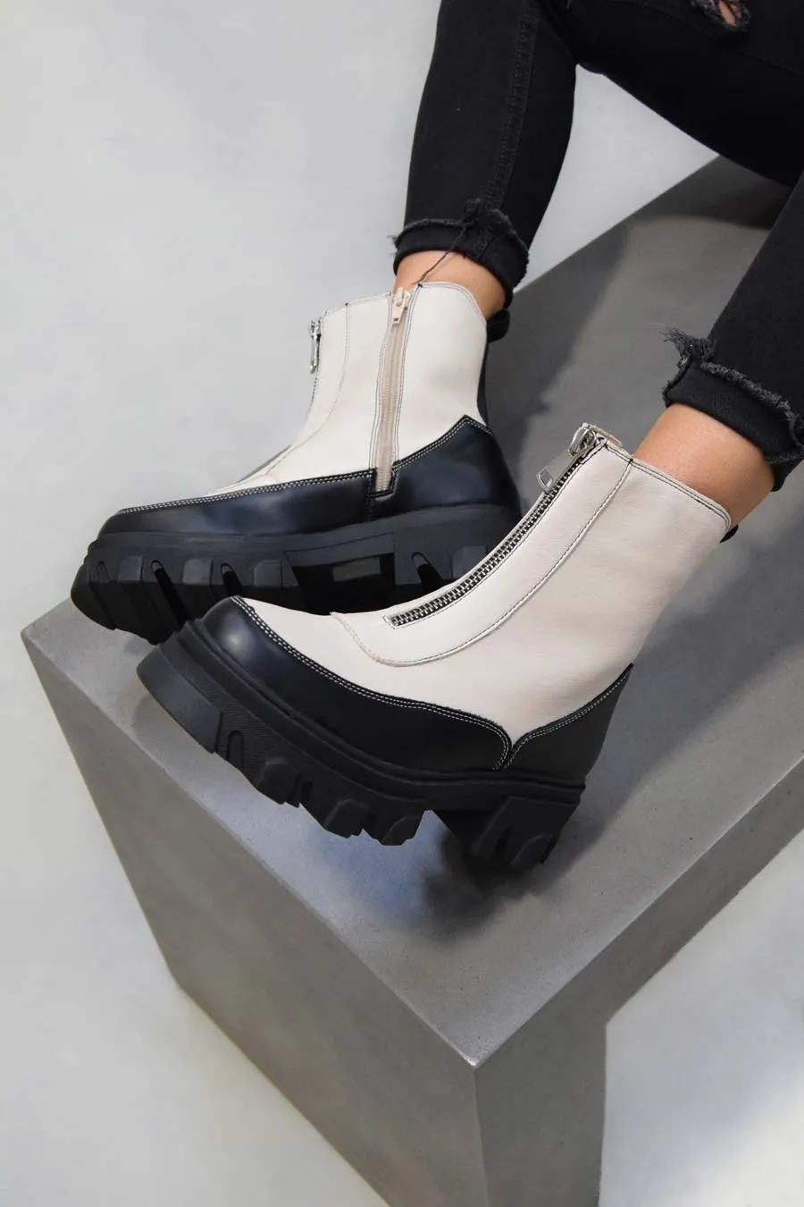 KAYA Zip Front Ankle Boots - Beige PU