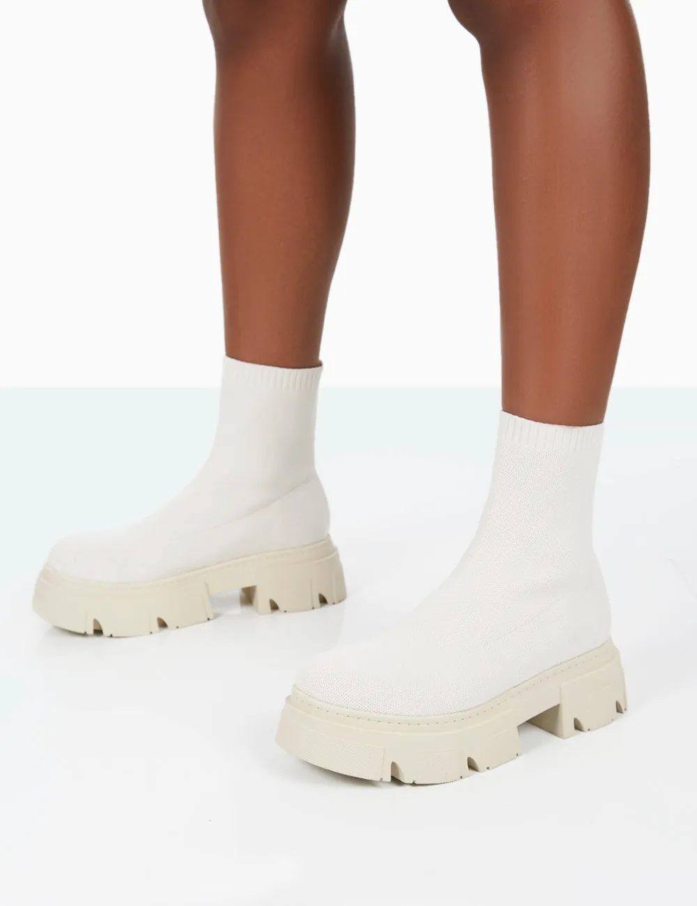 Nola Ecru Knit Chunky Sole Ankle Boots