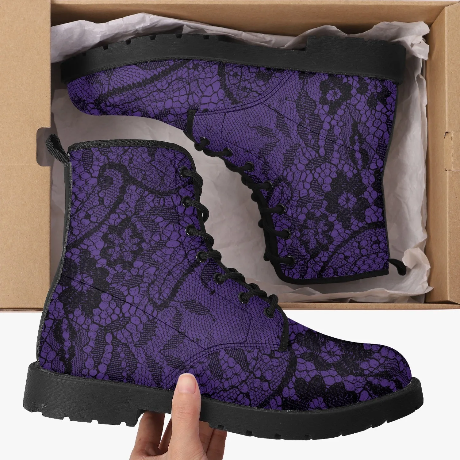 Purple and Black Lace Vegan leather Combat Boots - Vegan Leather Purple Goth Boots (JPREG26)