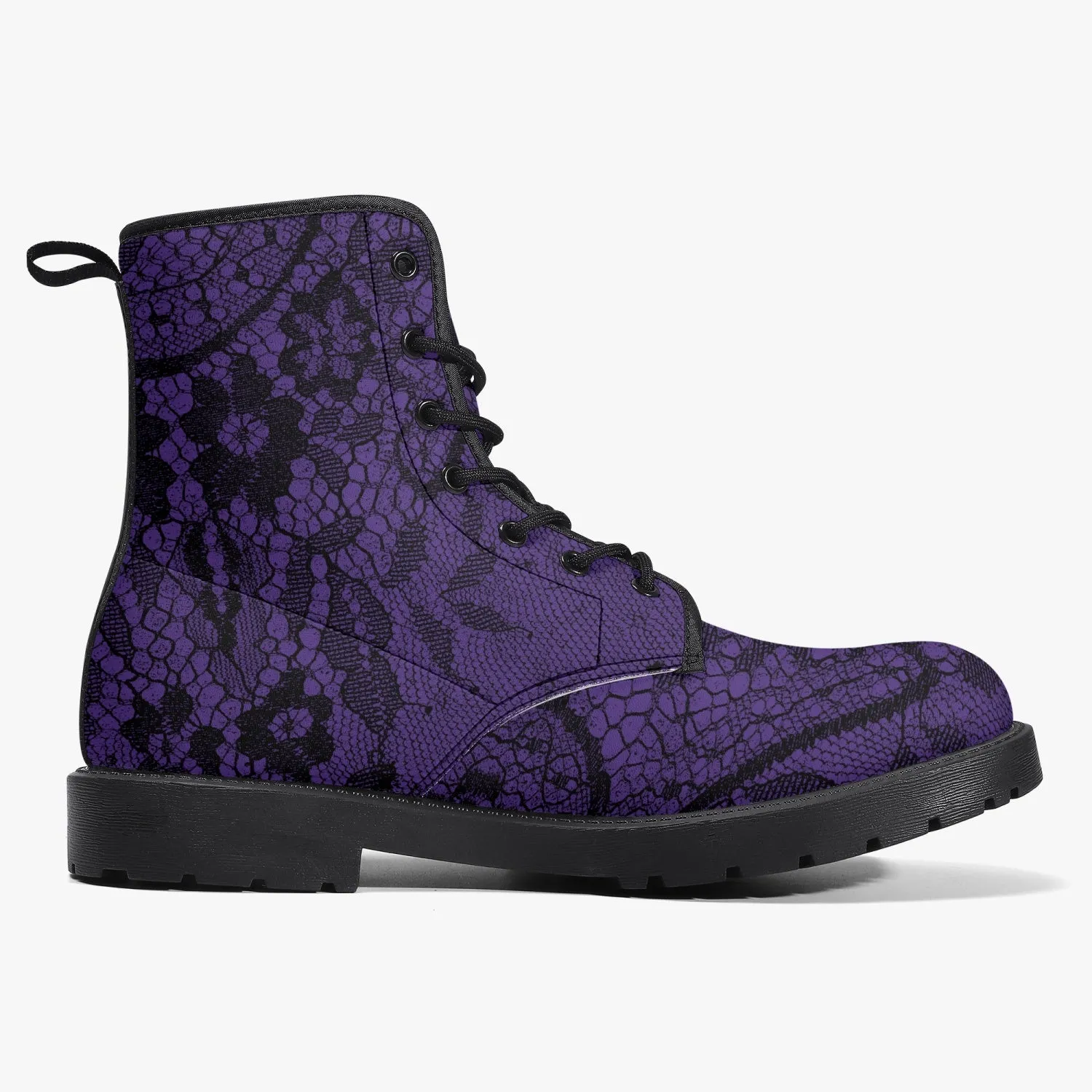 Purple and Black Lace Vegan leather Combat Boots - Vegan Leather Purple Goth Boots (JPREG26)