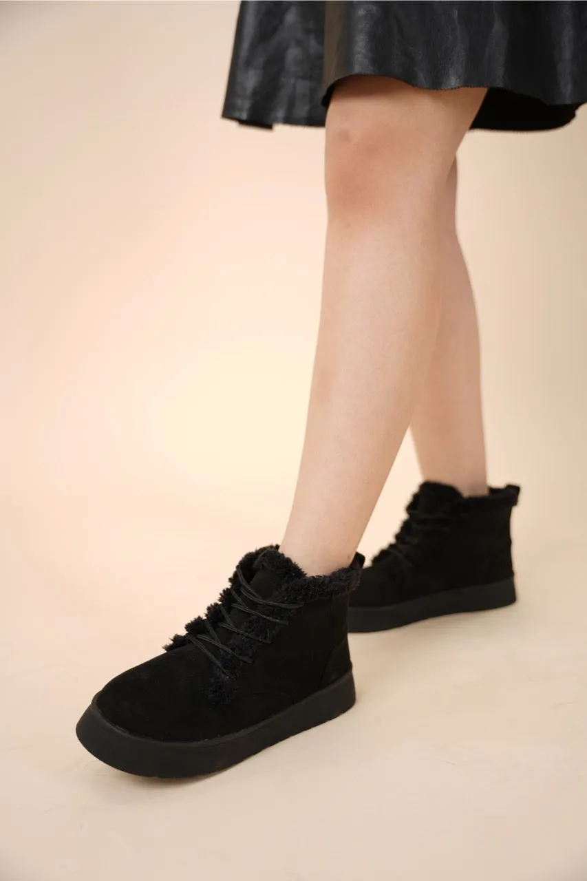 Suede Sherpa Ankle Boots - Black