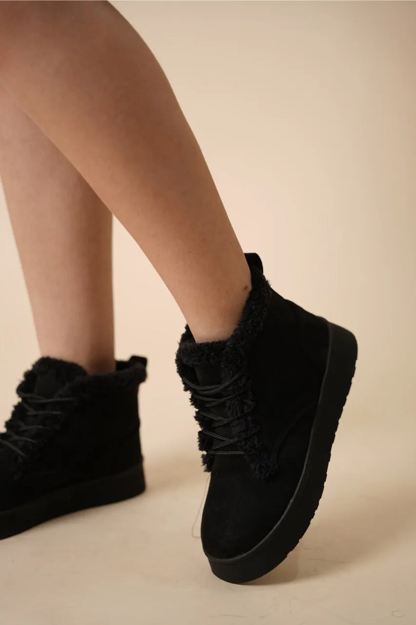 Suede Sherpa Ankle Boots - Black