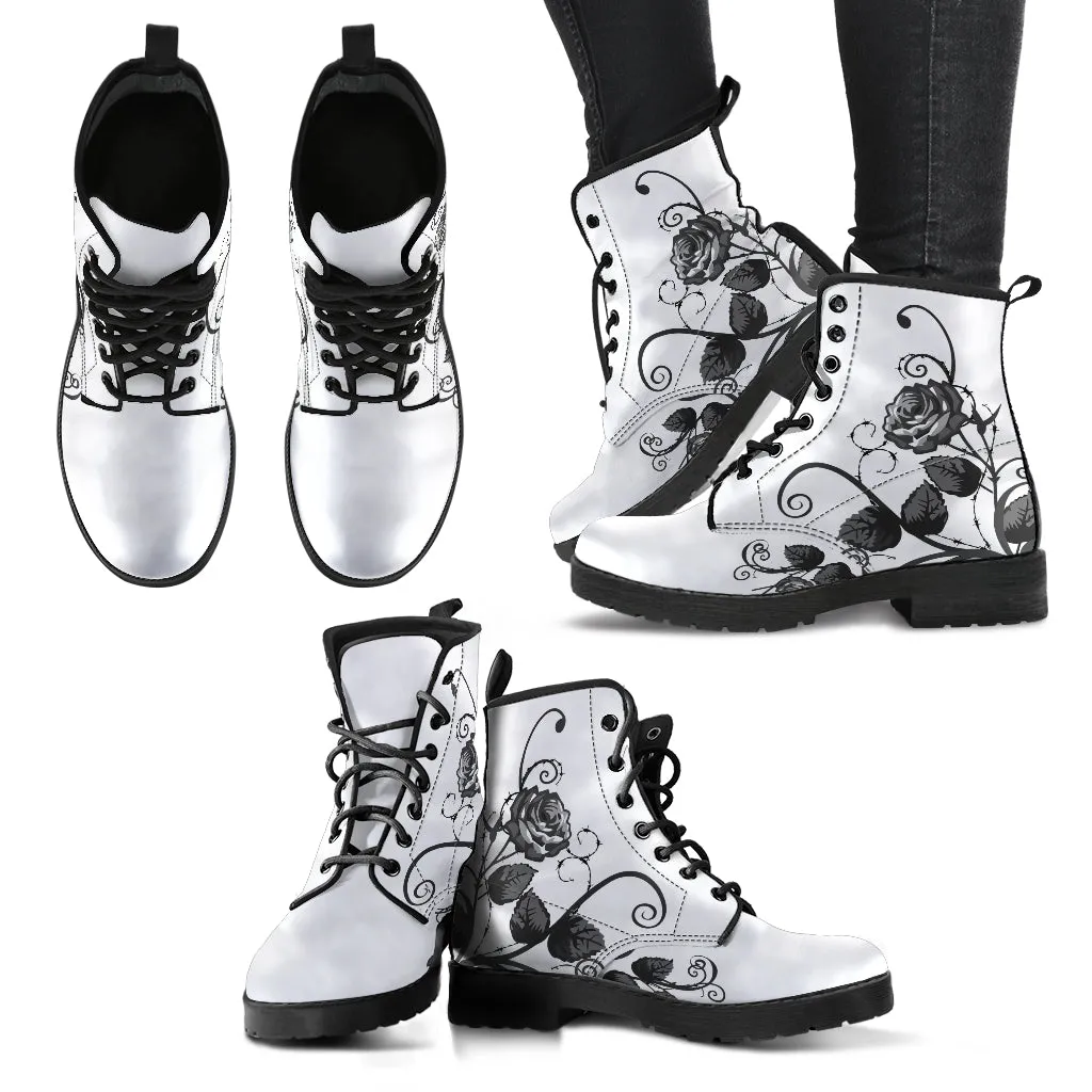 White Combat Boots - Gray Roses | Boho Shoes, Handmade Lace Up Boots, Vegan Leather Lace Up Boots Women, White Boots Women