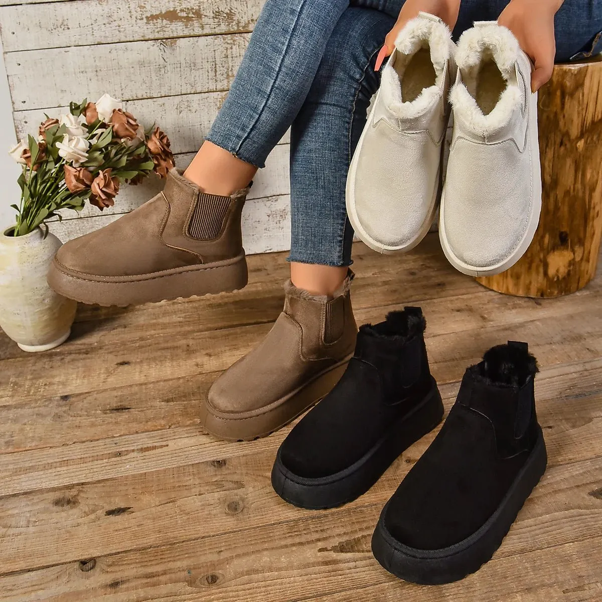 Women's Plush Suede Ankle Snow Boots – Cozy Fur-Lined Chelsea Flats for Winter Warmth & Style