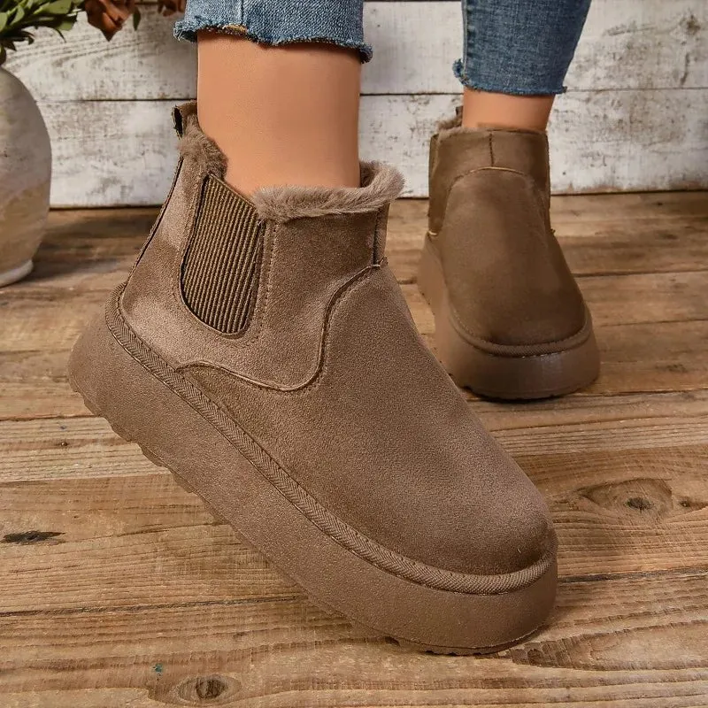 Women's Plush Suede Ankle Snow Boots – Cozy Fur-Lined Chelsea Flats for Winter Warmth & Style